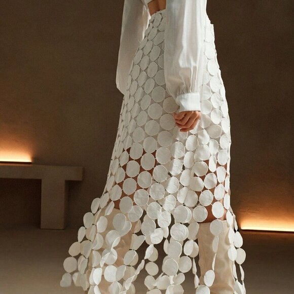 White Casual Women's Laser Cut Multi Circle Double Layered Skirt - Picture 2 of 7